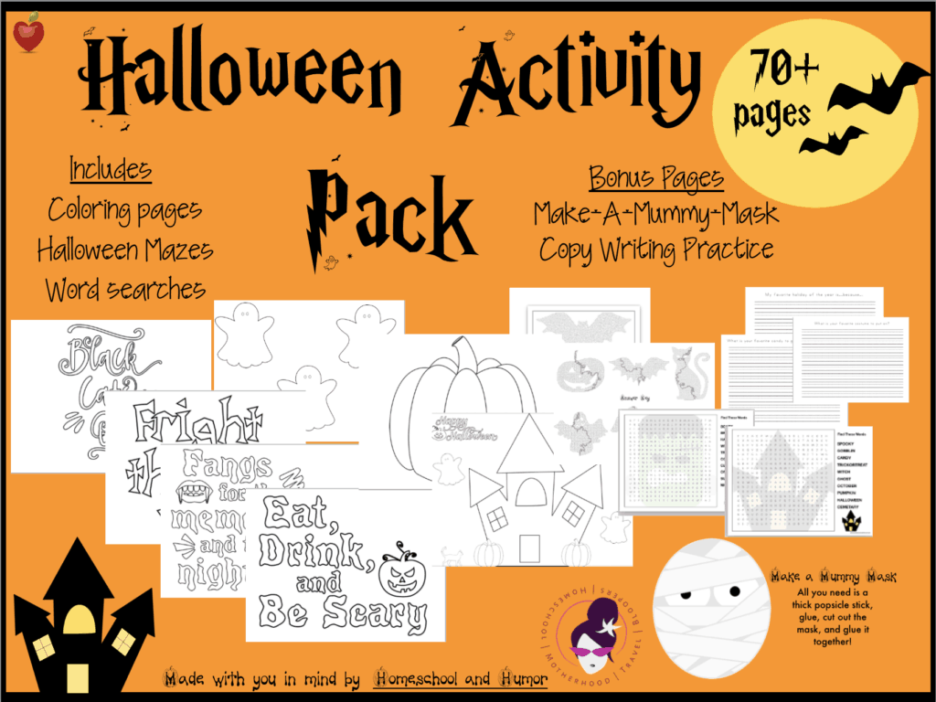 Halloween activity pack with word search puzzles, mazes, coloring pages, and copy work