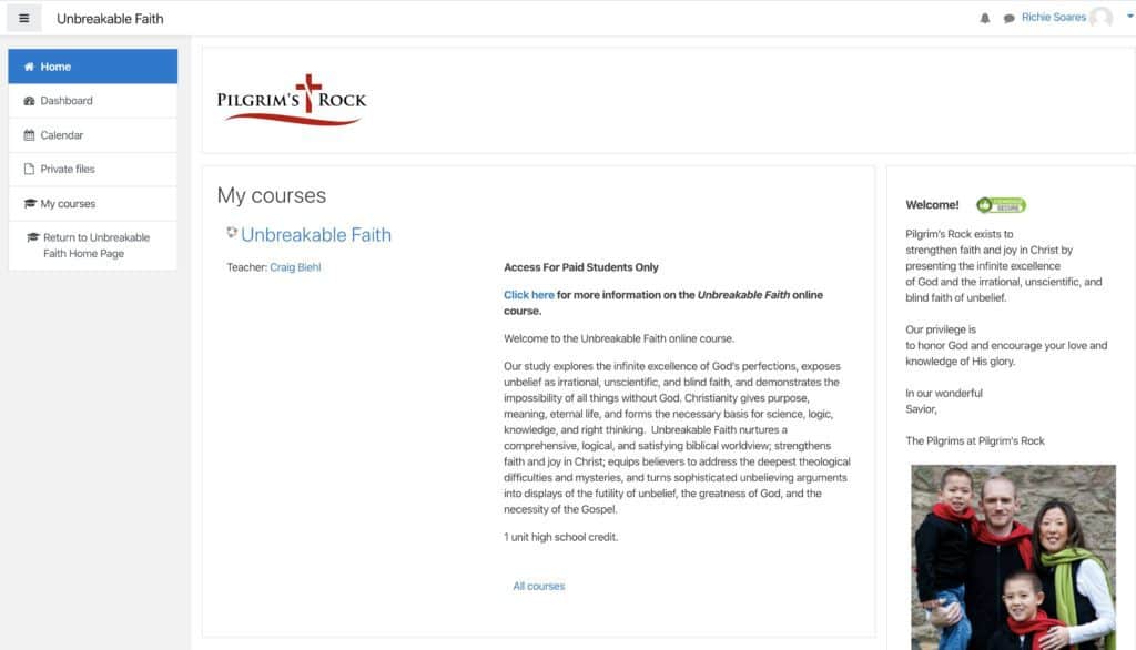 Course Access Page to christian apologetics Pilgrim's Rock
