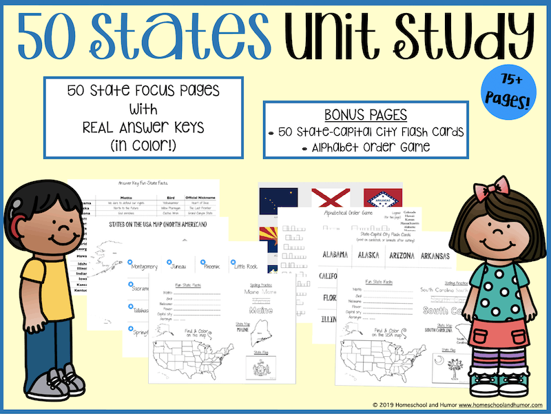 Learn the 50 states of America with this 50 States Unit Study pack with over 75 pages. Great American History and geography curriculum all in one.