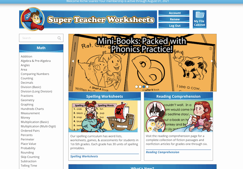 Super Teacher Worksheets is an online library of resources with over 16,000 worksheets for all subjects for grades prek-5. Great for homeschool worksheets for elementary and for elementary worksheets for teachers!