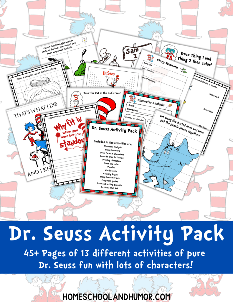 Build several skill areas with this Dr. Seuss Activity Pack! Your kids will love these Dr. Seuss preschool activities and printables pack! With 13 activities and over 45 pages of Dr Seuss fun! #drseuss #readacrossamerica #thecatinthehat
