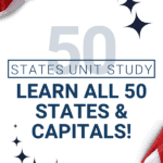 The best way to learn all the 50 states of America is with this incredible 50 States Unit Study full of fun facts and 50 states learning resources for all 50 states! Includes 50 focus pages with fun facts, 50 states alphabetical order game and puzzles, 50 states capitals song and video playlist, flashcards, and more!