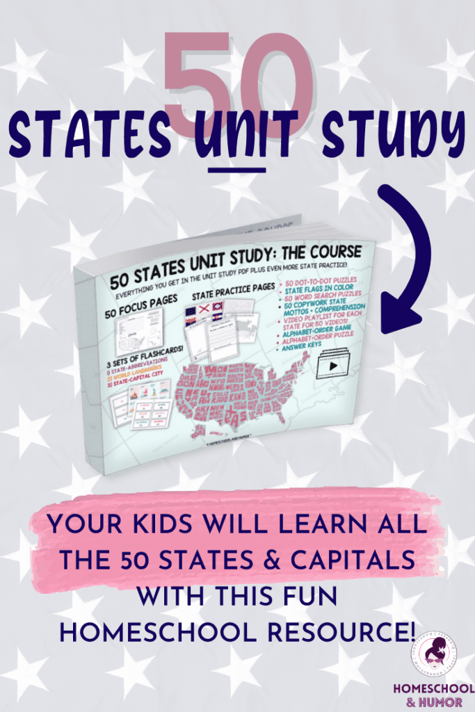 The best way to learn all the 50 states of America is with this incredible 50 States Unit Study full of fun facts and 50 states learning resources for all 50 states! Includes 50 focus pages with fun facts, 50 states alphabetical order game and puzzles, 50 states capitals song and video playlist, flashcards, and more!