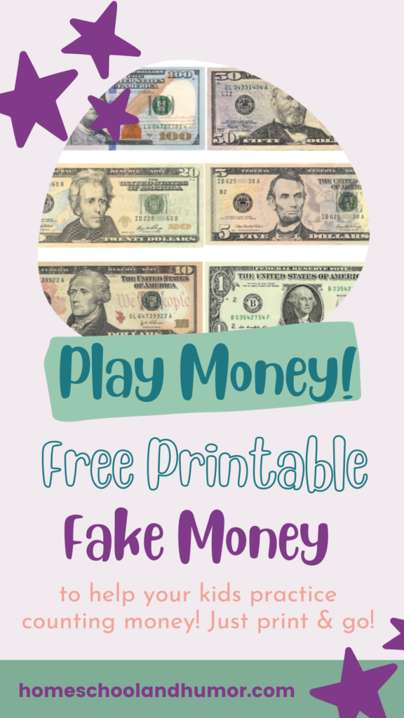 Kids need to learn how to count money and what better way than with this free download of printable play money for kids! Use this printable play money template in your homeschool for all ages. Just print the printable play money template free, cut, and go! | printable play money for kids free | Homeschool Math | Preschool Math | www.homeschoolandhumor.com