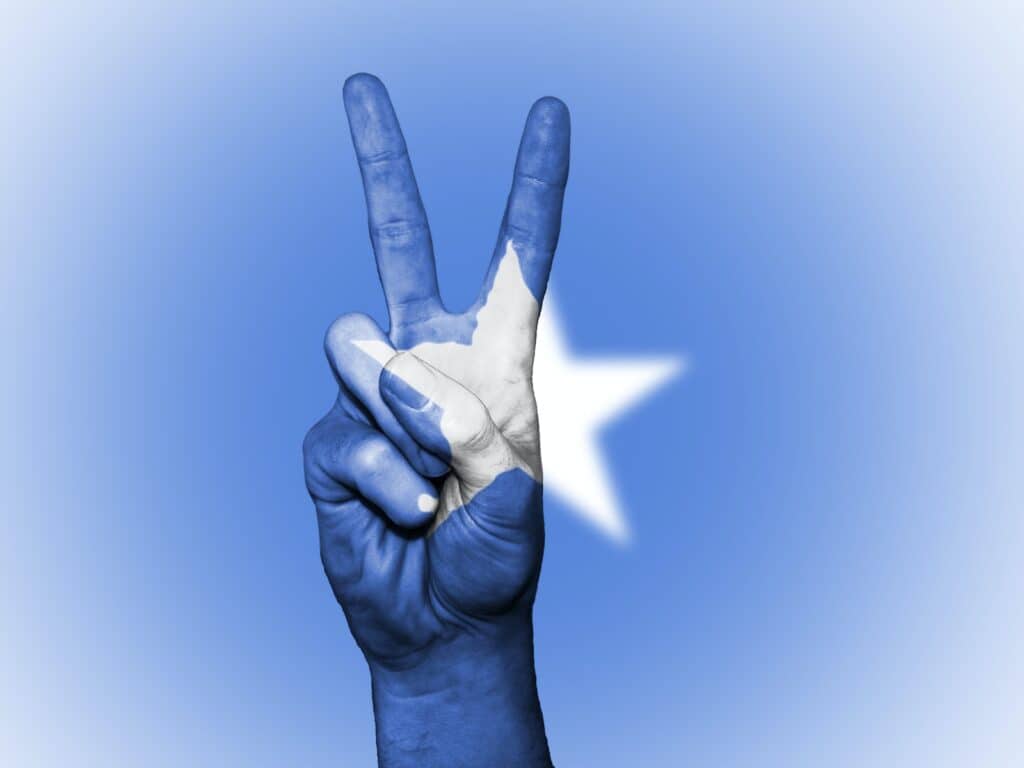 Blue and White Star Painted Hand in Peace-sign Gesture